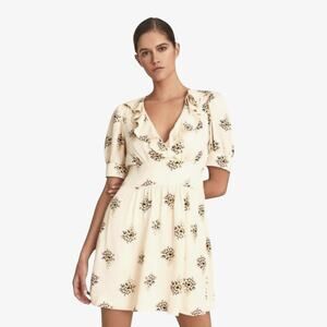 Reiss Women's Mini Dress Floral Print Olive V-Neck Coastal Boho Summer Size 0